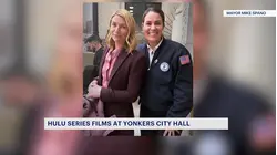 Claire Danes stops for photos as Hulu films scenes at Yonkers City Hall