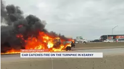 VIDEO: Flames engulf pickup truck on New Jersey Turnpike in Kearny