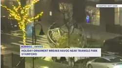 Massive wind-blown holiday decoration damages cars in Stamford's Harbor Point