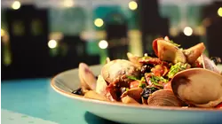 Clam, Risotto, Potatoes, and Salmon