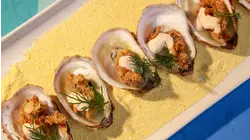 Oysters, Mac 'n' Cheese, Pear Salad and Halibut