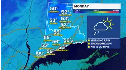 Morning showers exit before sunny and breezy Monday afternoon in Connecticut