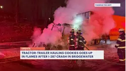 Tractortrailer carrying chocolate chip cookies overturns, burns on I287 in Bridgewater