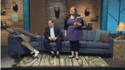 Anna Kendrick Wears a Patterned Blouse & Burgundy Pants