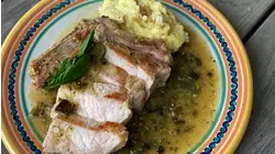 Seared Pork Chops with Roasted Poblano, Tomatillo, and Nopal Cactus