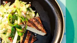 Cucumber Salad, Chicken, Noodles and Fritters