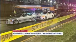 Bridgeport city bus strikes wall, 5 vehicles outside train station