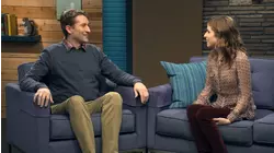 Adam Scott Wears a Red Oxford Shirt & Jeans