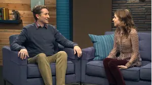 Adam Scott Wears a Red Oxford Shirt & Jeans