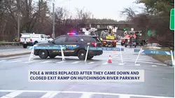 Downed pole and wires close Mamaroneck Ave. and exit ramp from Hutch on White Plains - Harrison border