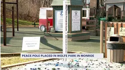 'May peace prevail on Earth.' Peace pole installed in Monroe park