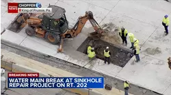 Crews working on water main break at site of sinkhole repair project on Rt. 202 in King of Prussia
